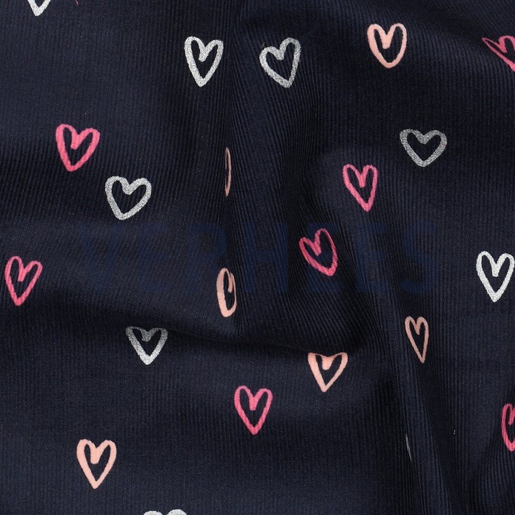 Babycord Fabric Foil Hearts Navy