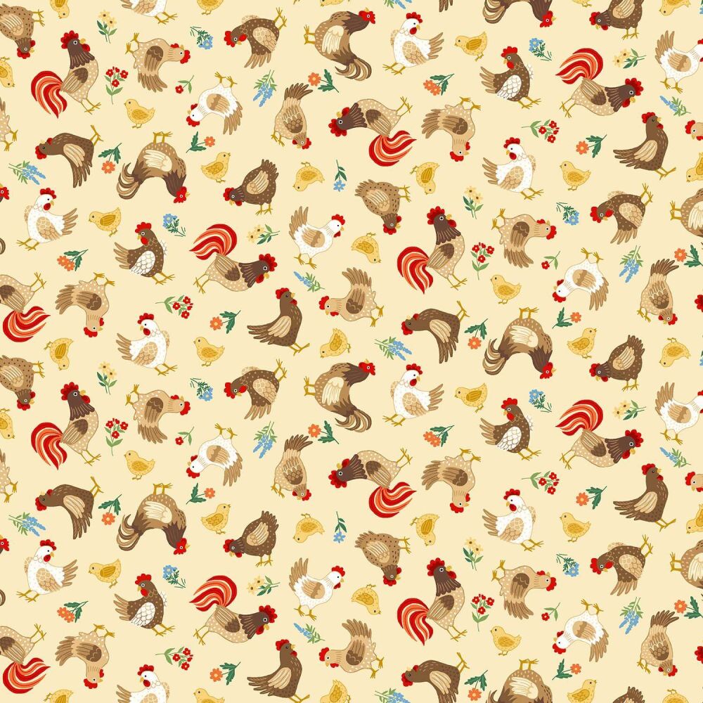 Makower Cotton Fabric Fun On The Farm Chickens Cream