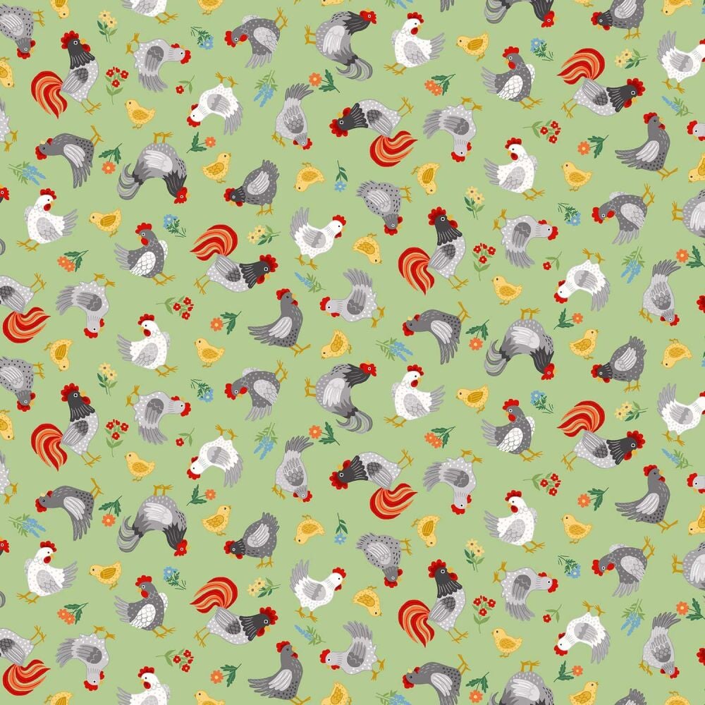 Makower Cotton Fabric Fun On The Farm Chickens Green