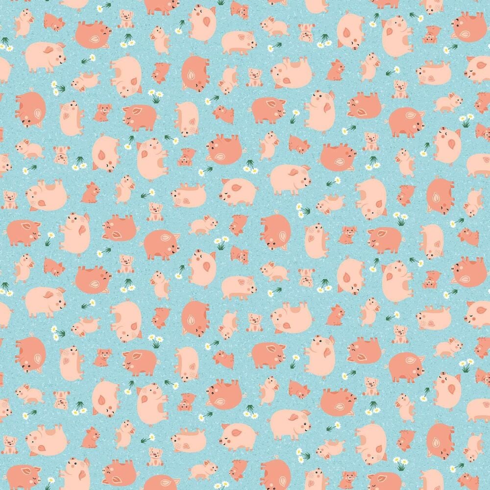 Makower Cotton Fabric Fun On The Farm Pigs Blue