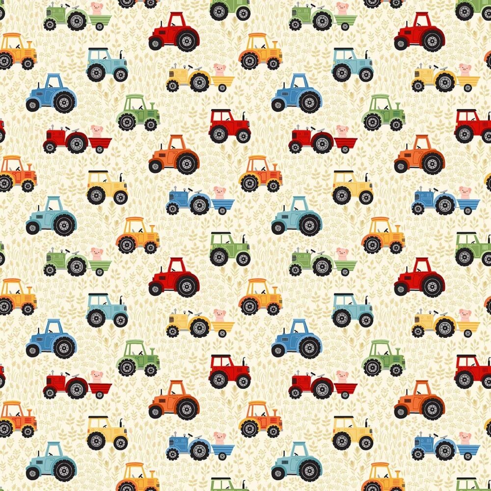 Makower Cotton Fabric Fun On The Farm Tractors Cream