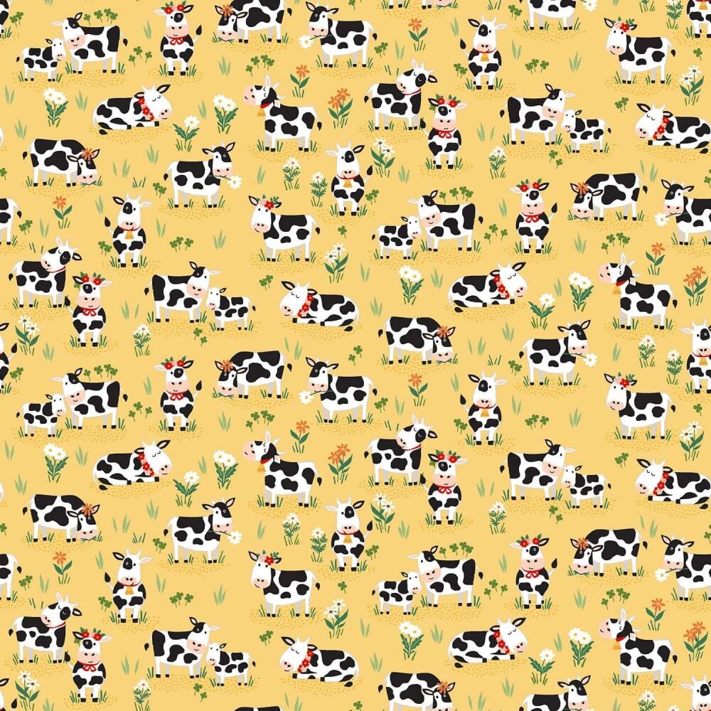 Makower Cotton Fabric Fun On The Farm Cows Yellow