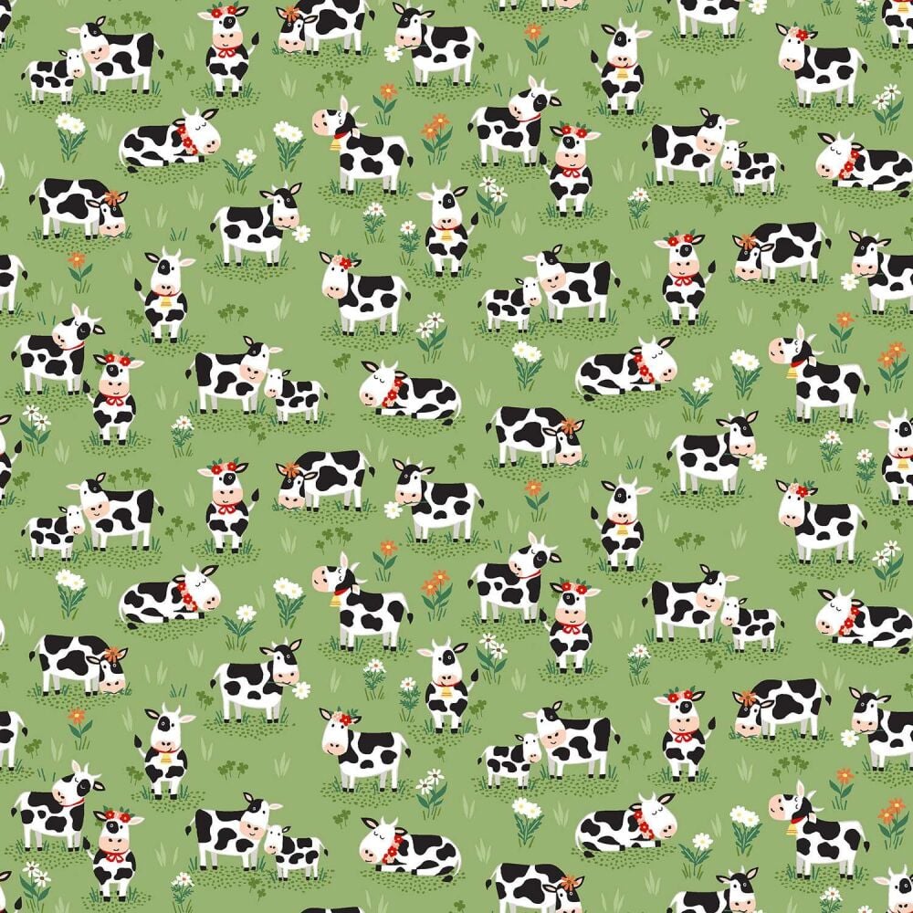 Makower Cotton Fabric Fun On The Farm Cows Green