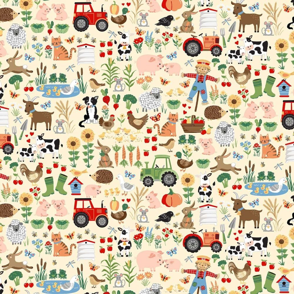 Makower Cotton Fabric Fun On The Farm Friends Cream