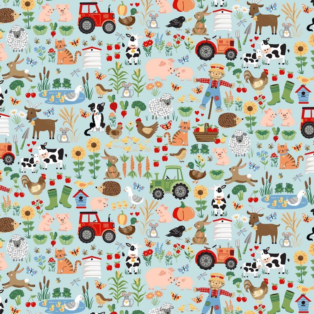 Makower Cotton Fabric Fun On The Farm Friends Blue