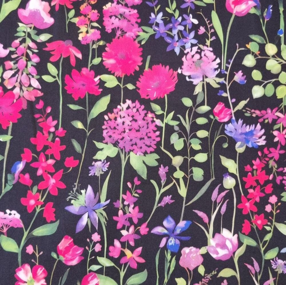 Viscose Satin Digital Print Flowers Black