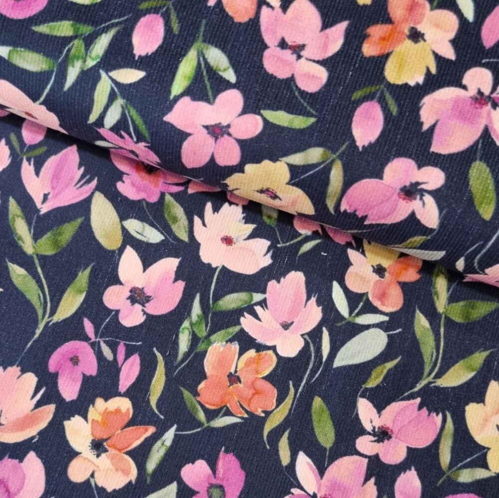 Babycord Fabric Flowers Navy