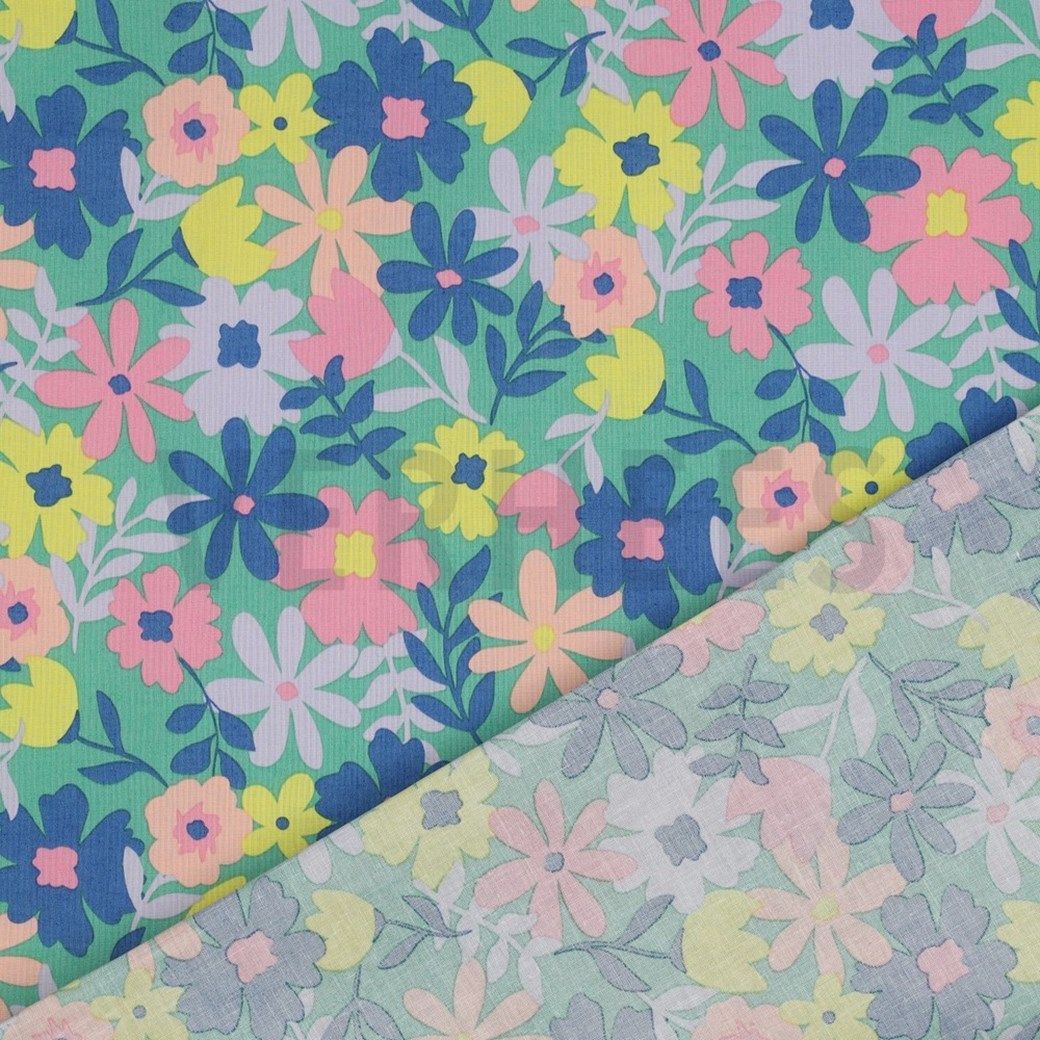 Coated Cotton Fabric Flowers Green