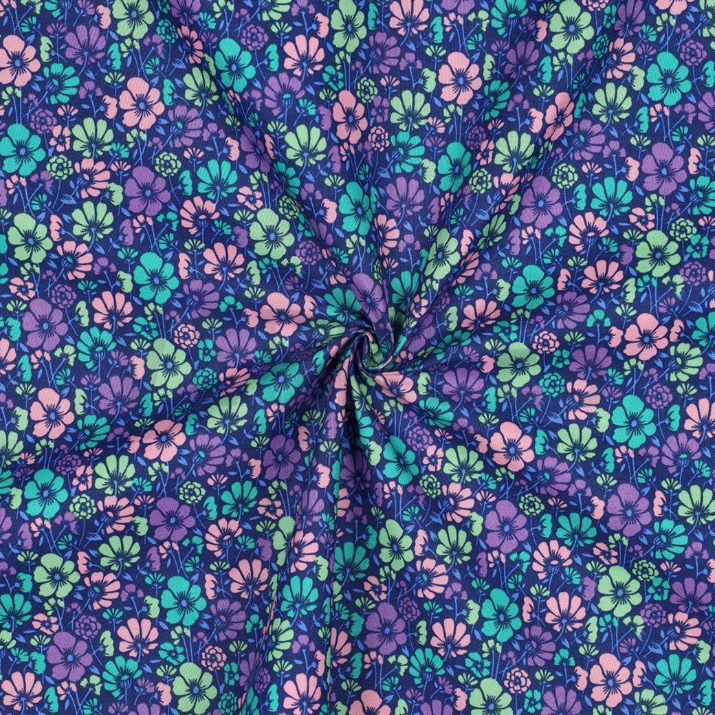 Coated Cotton Fabric Flowers Blue