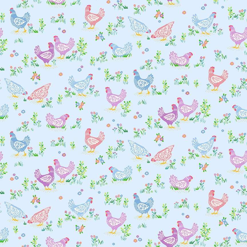 Makower Cotton Fabric Hello Spring Happy Hens Blue