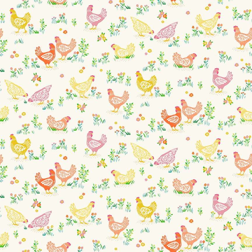 Makower Cotton Fabric Hello Spring Happy Hens Cream