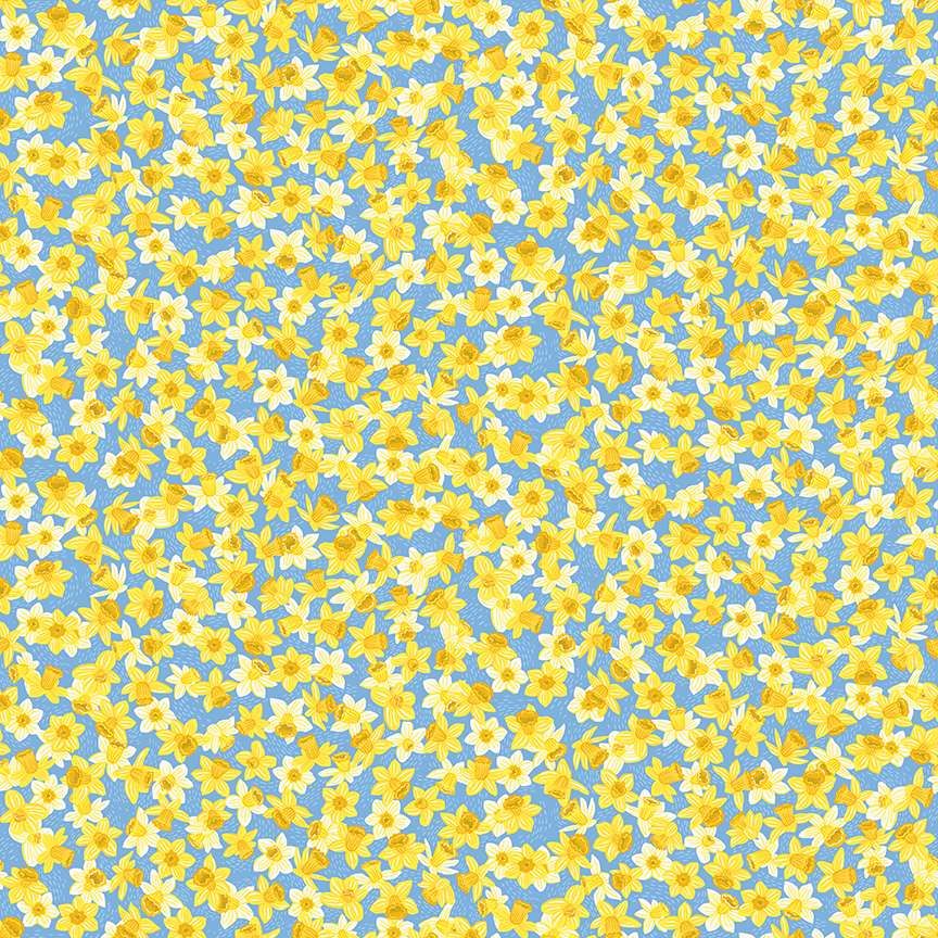 Makower Cotton Fabric Hello Spring Daffodil Blue