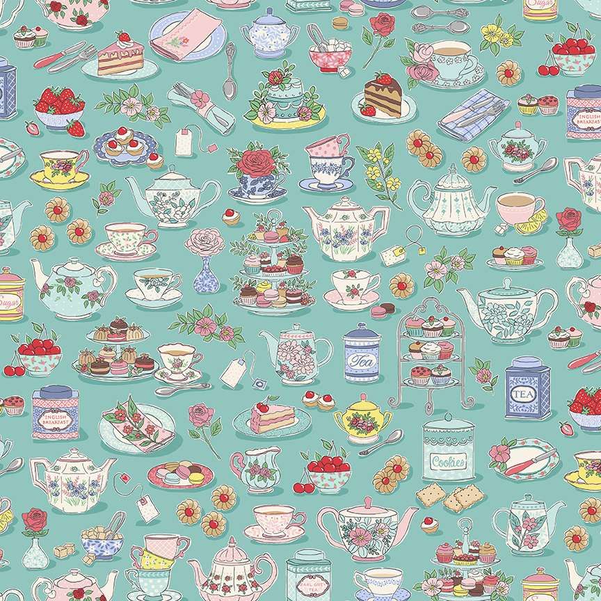 Makower Cotton Fabric Afternoon Tea Time Teal
