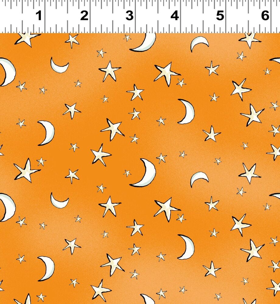 Clothworks Cotton Fabric Halloween Parade Stars & Moon Orange