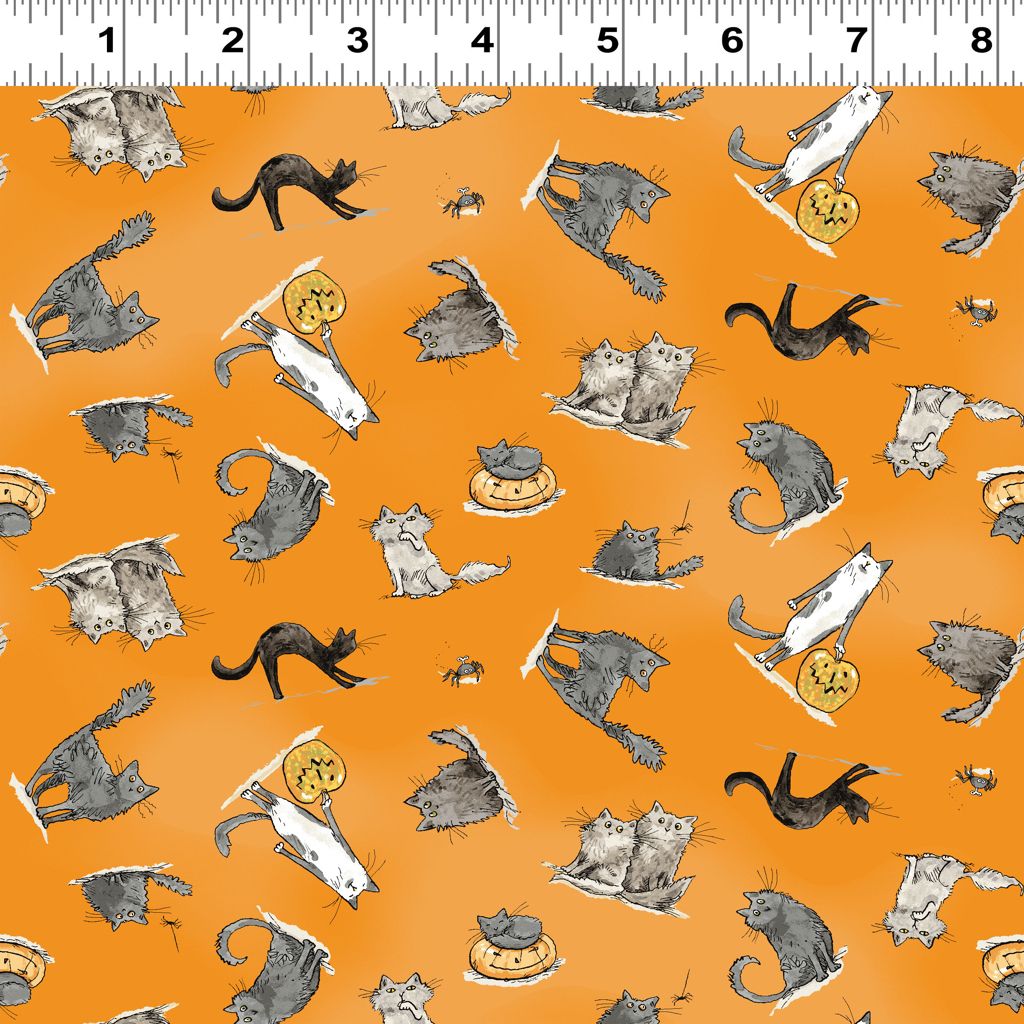 Clothworks Cotton Fabric Halloween Parade Cats Orange