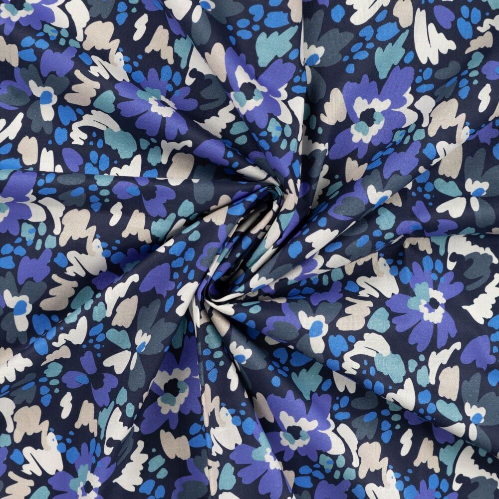 Cotton Voile Flowers Denim Blues