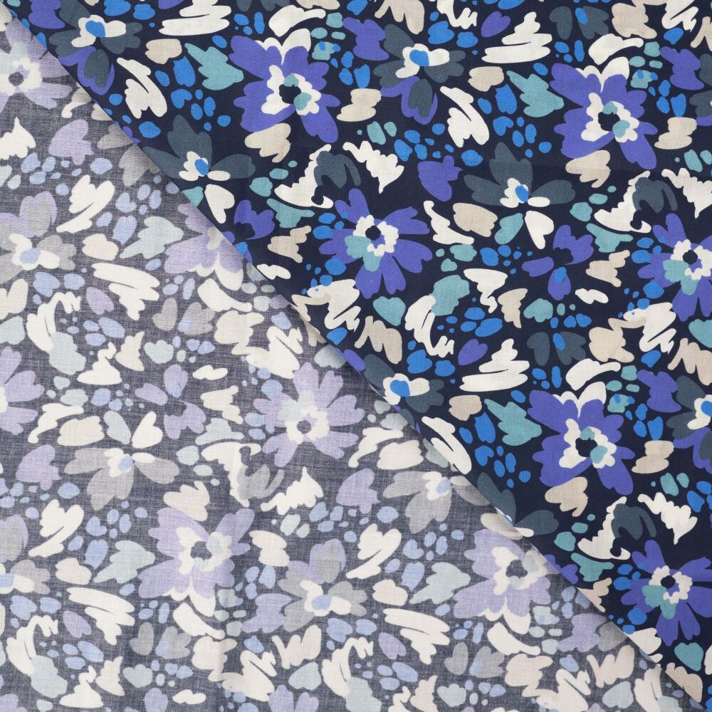 Cotton Voile Flowers Denim Blues