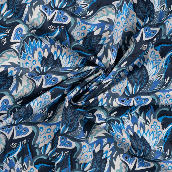 Cotton Voile Abstract Leaves Denim Blues