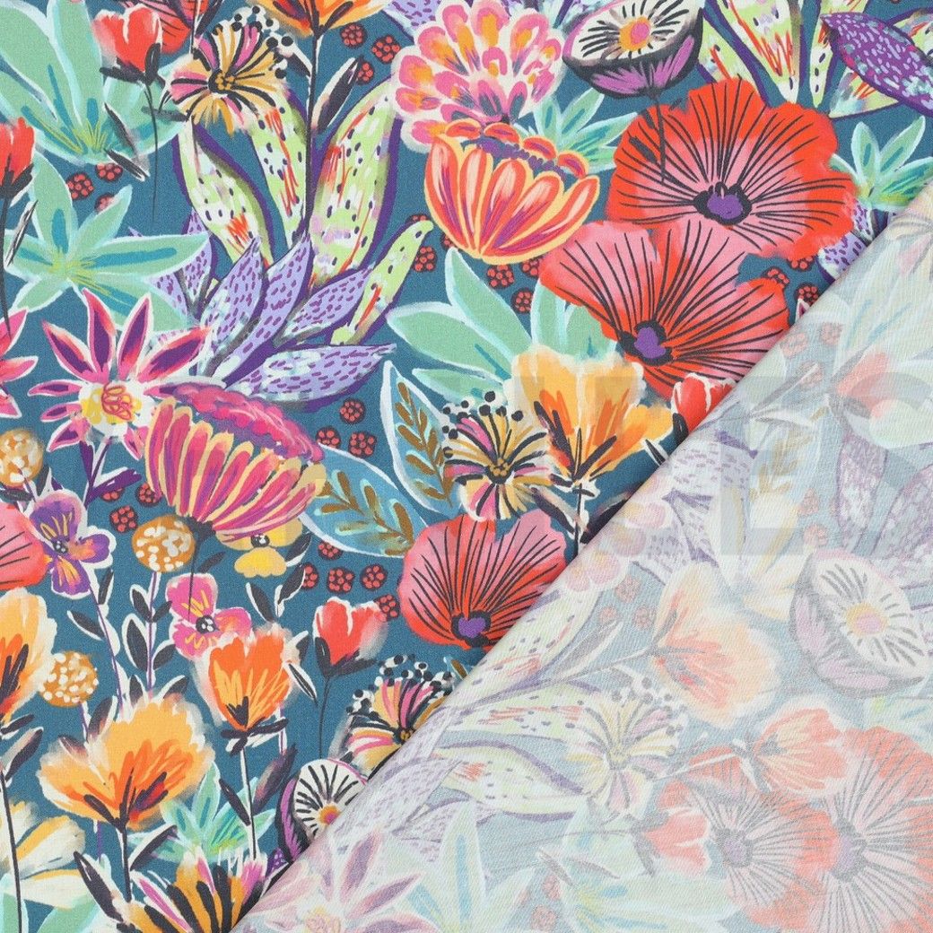 FINE COTTON POPLIN DIGITAL FLOWERS - PETROL