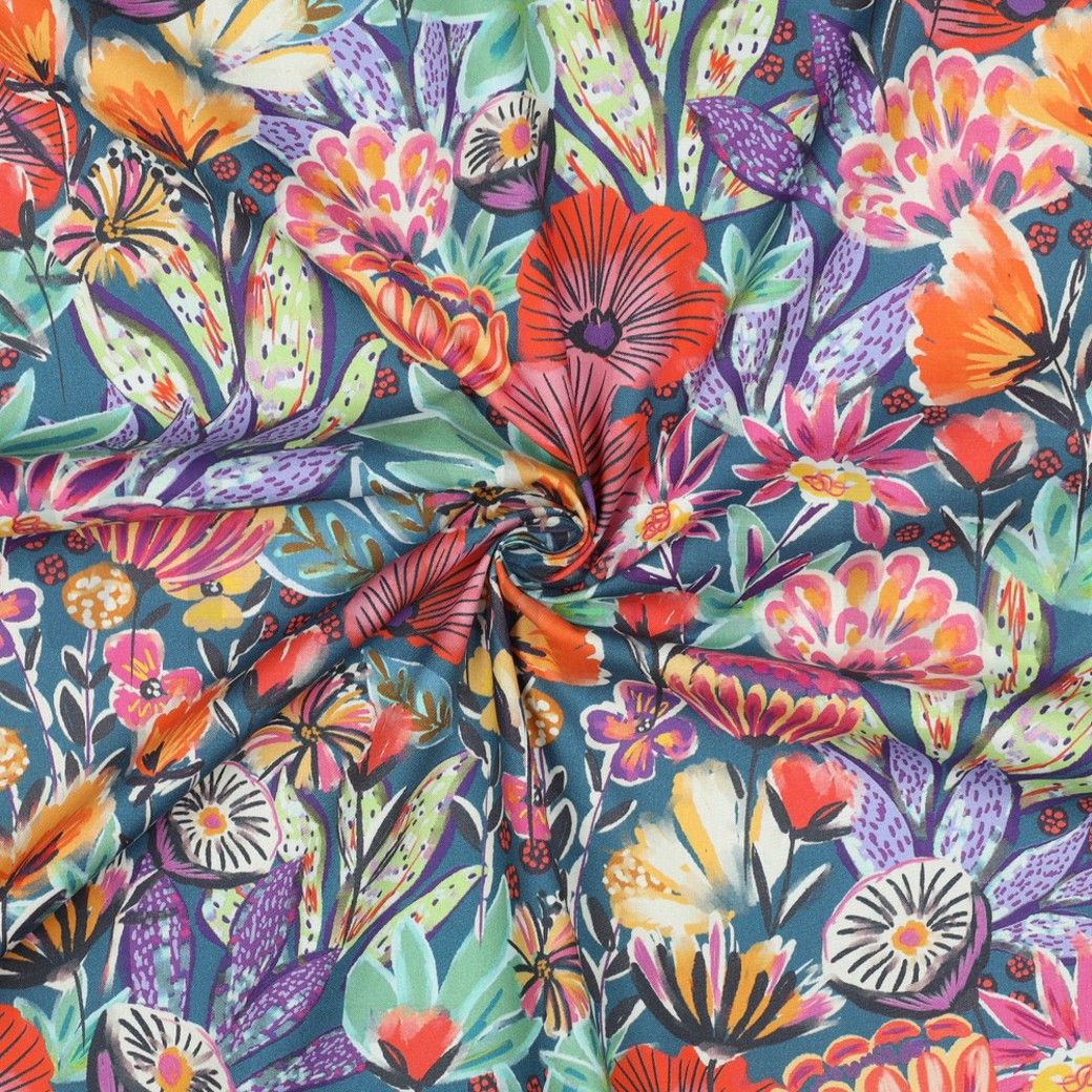 FINE COTTON POPLIN DIGITAL FLOWERS - PETROL
