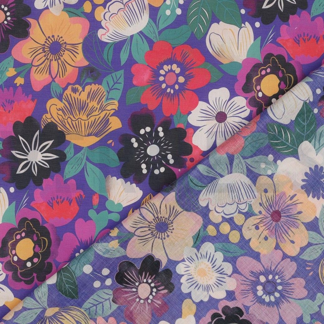 COTTON VOILE DIGITAL FLOWERS - COBALT