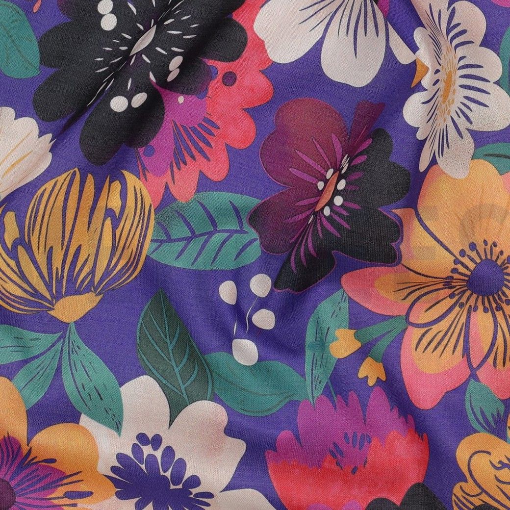 COTTON VOILE DIGITAL FLOWERS - COBALT