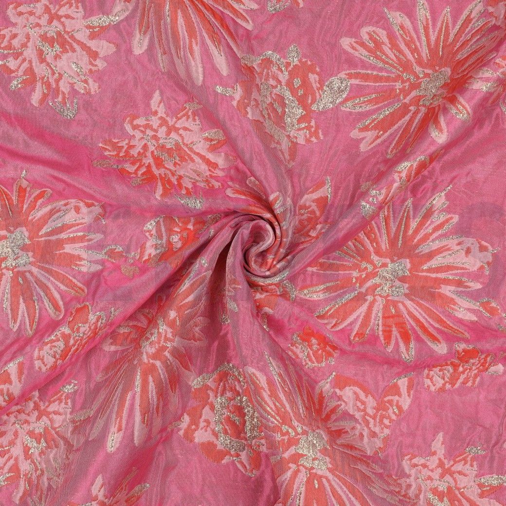 JACQUARD FLOWERS BROCADE FABRIC - PINK / ORANGE