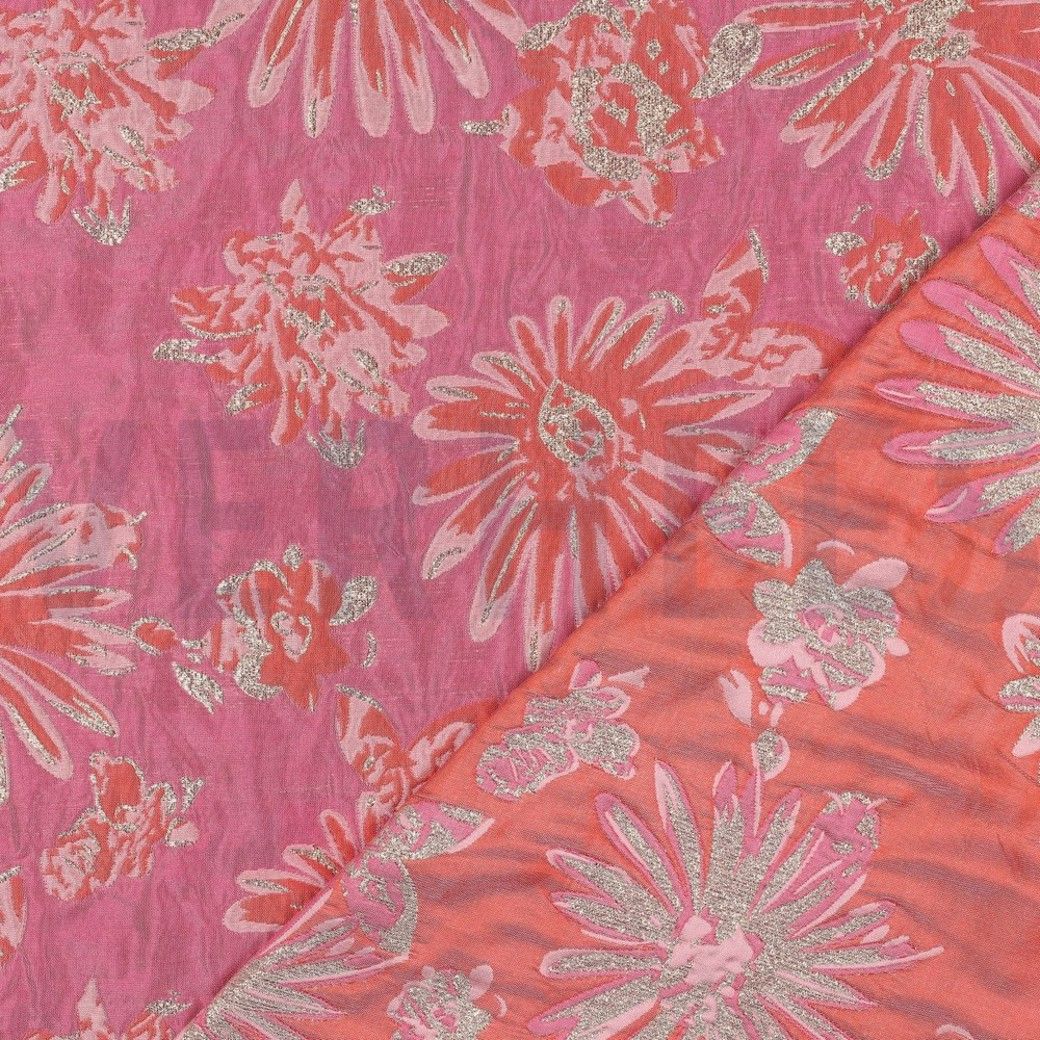 JACQUARD FLOWERS BROCADE FABRIC - PINK / ORANGE