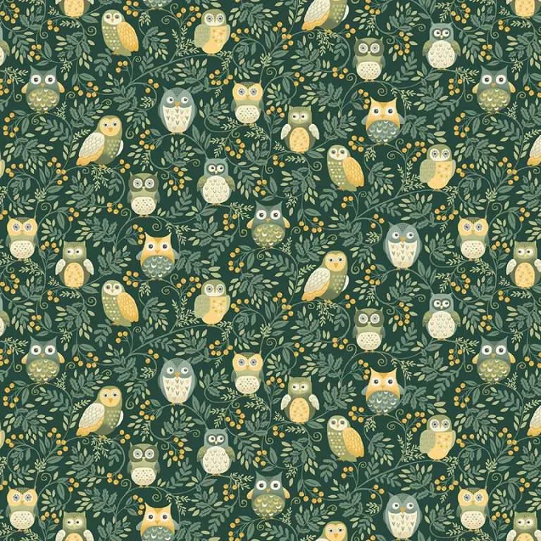 Makower Cotton Fabric Hello Autumn Owls Green