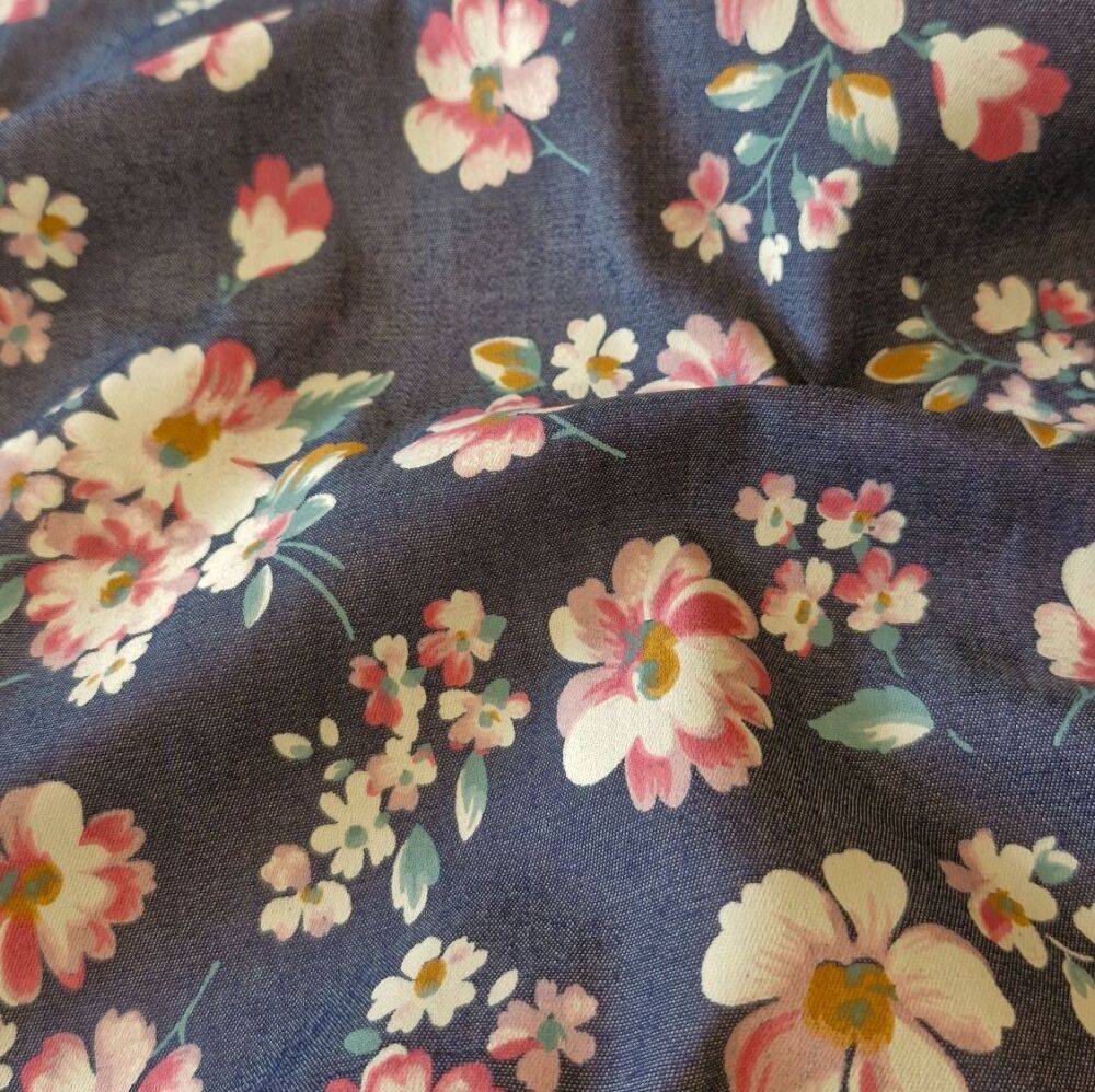 Lightweight Denim Fabric Flower Dark Blue