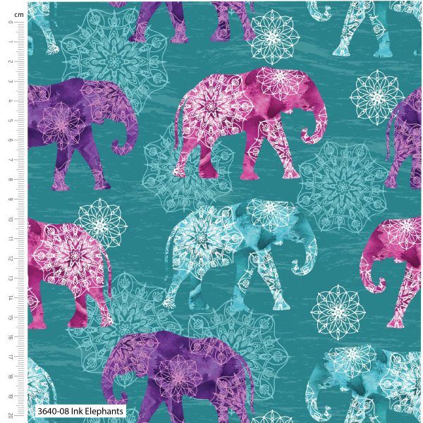 Make & Believe Cotton Fabric Elephant Festival Ink
