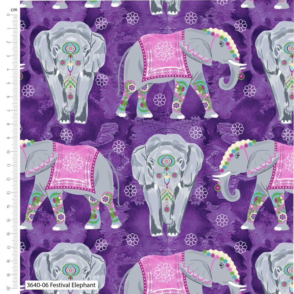 Make & Believe Cotton Fabric Elephant Festival Purple