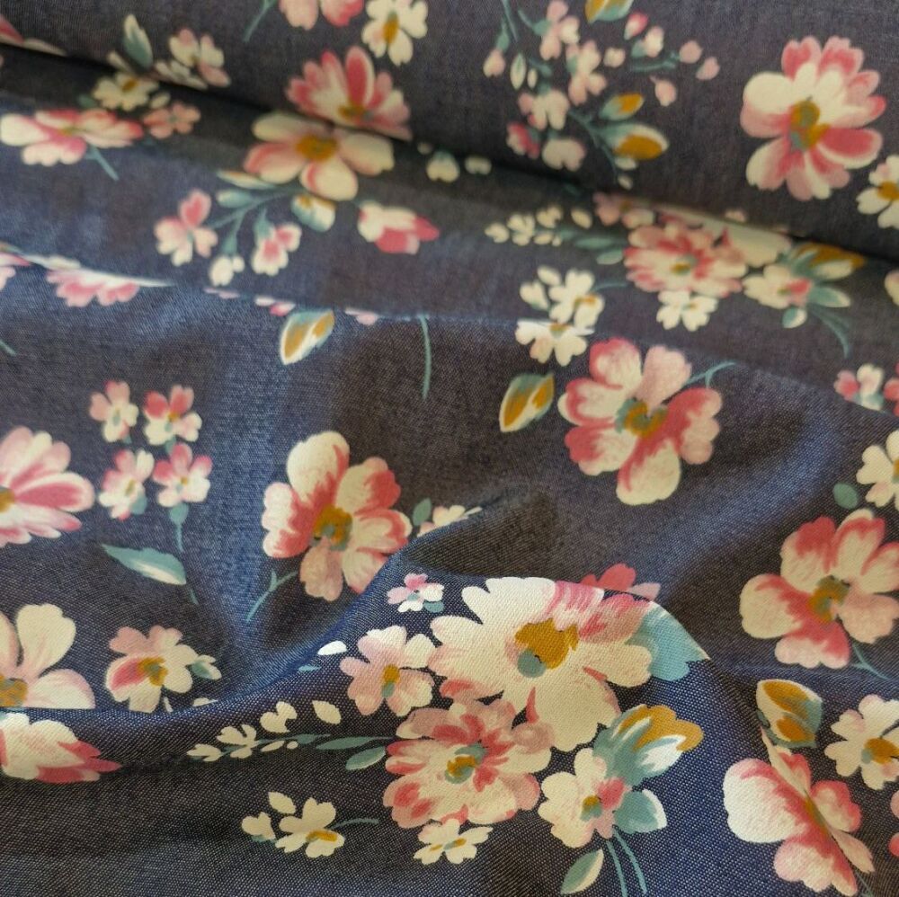 Lightweight Denim Fabric Flower Dark Blue