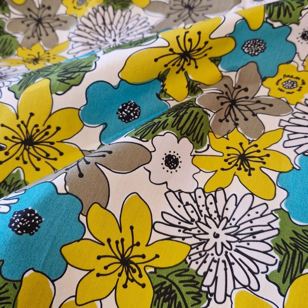 Cotton Poplin Fabric Retro Flowers