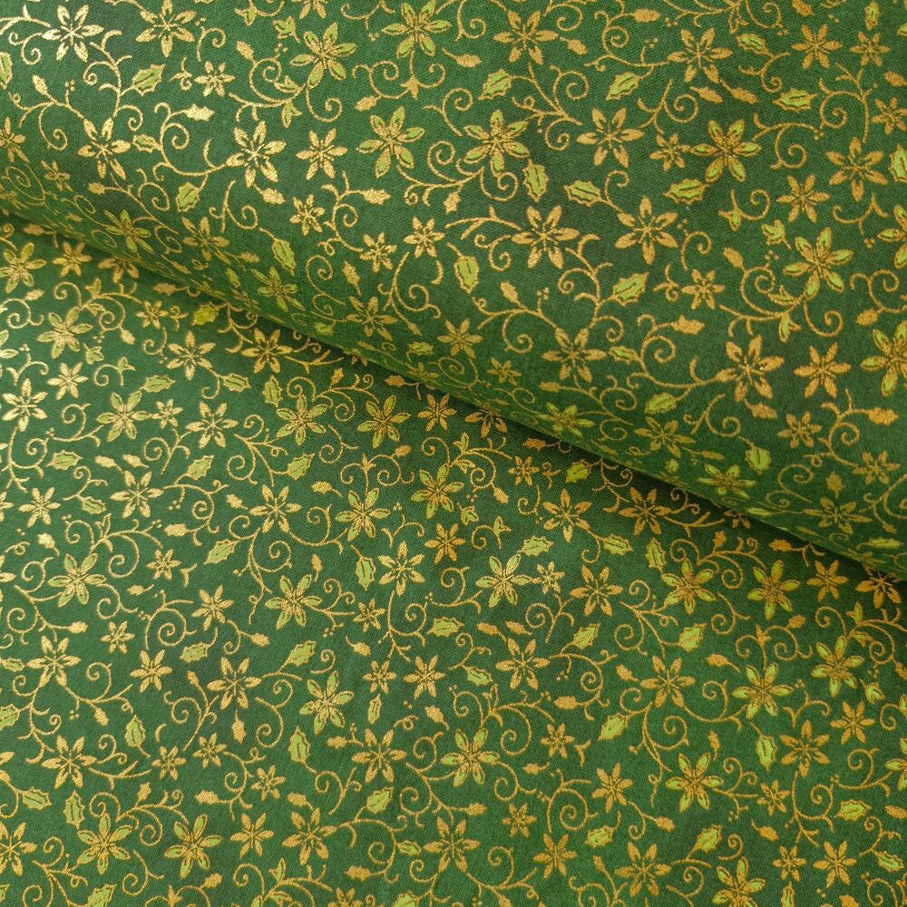 John Louden Christmas Cotton Flowers Swirls Green Gold Metallic