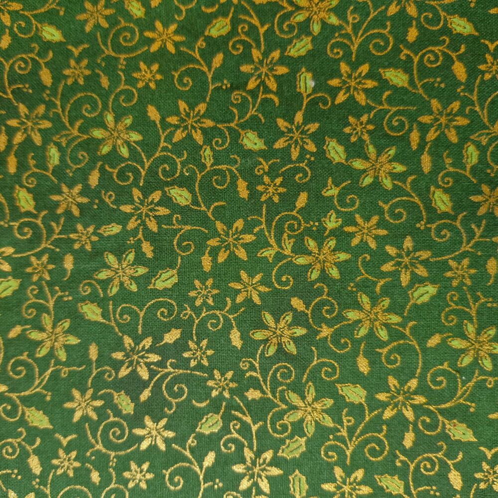 John Louden Christmas Cotton Flowers Swirls Green Gold Metallic