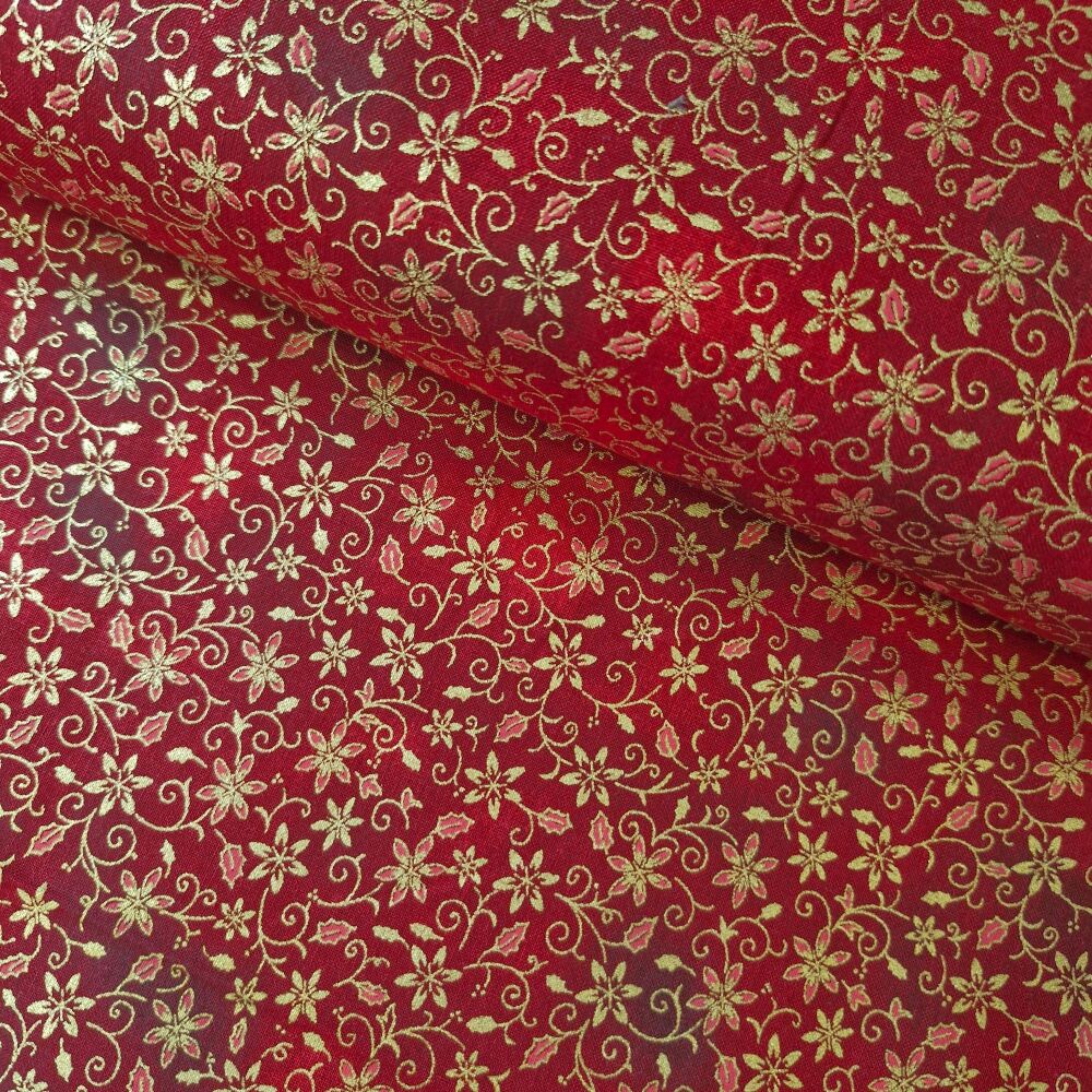 John Louden Christmas Cotton Flowers Swirls Red Gold Metallic