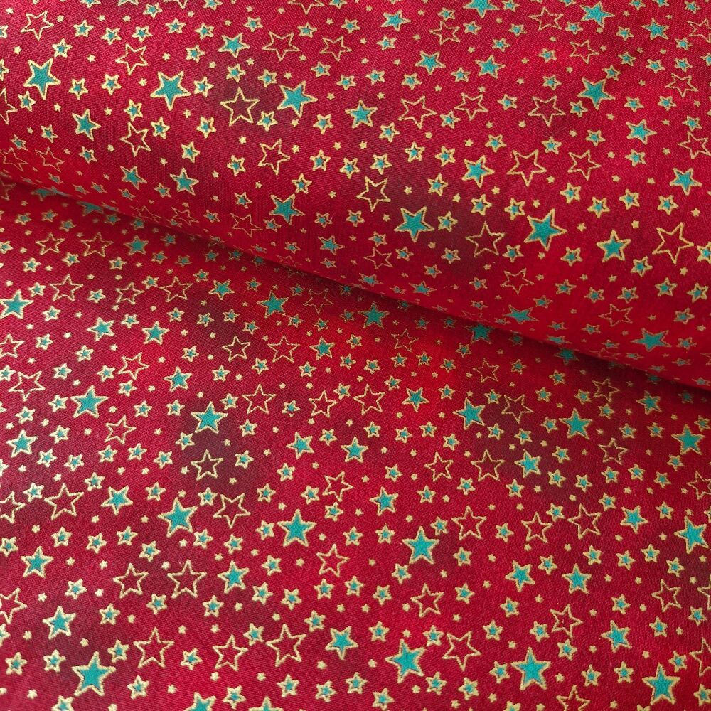 John Louden Christmas Cotton Stars Red Gold Metallic