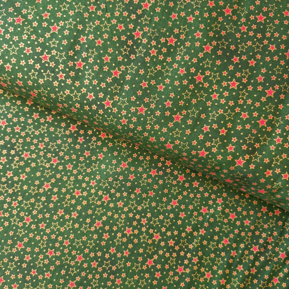 John Louden Christmas Cotton Stars Green Gold Metallic