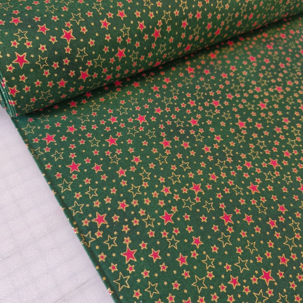 John Louden Christmas Cotton Stars Green Gold Metallic
