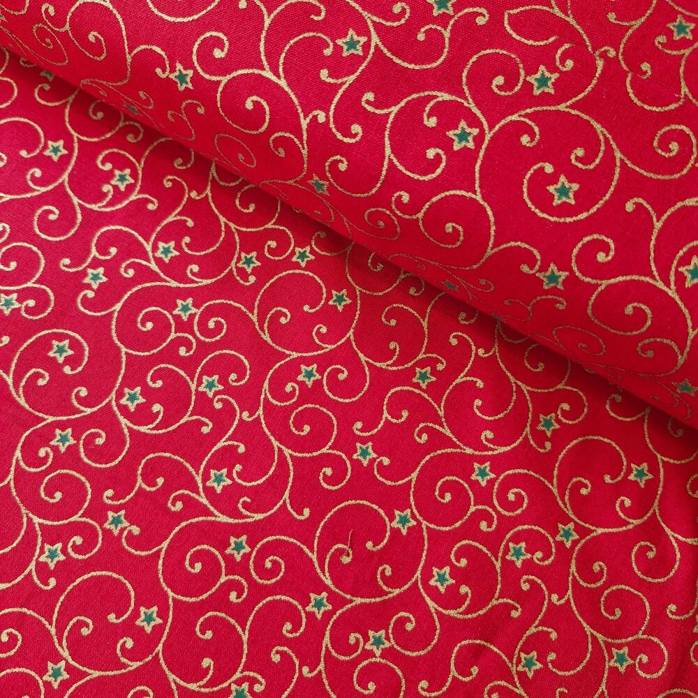 John Louden Christmas Cotton Swirls Red Gold Metallic