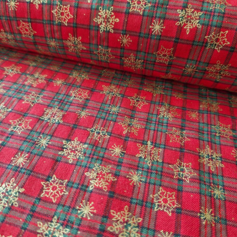John Louden Christmas Cotton Tartan Snowflakes Red Gold Metallic