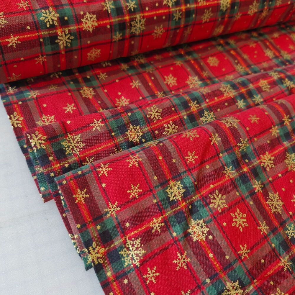 John Louden Christmas Cotton Tartan Snowflakes Red Gold Metallic