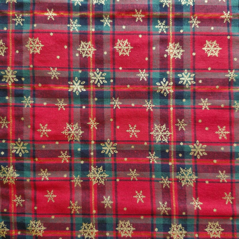 John Louden Christmas Cotton Small Tartan Snowflakes Red Gold Metallic