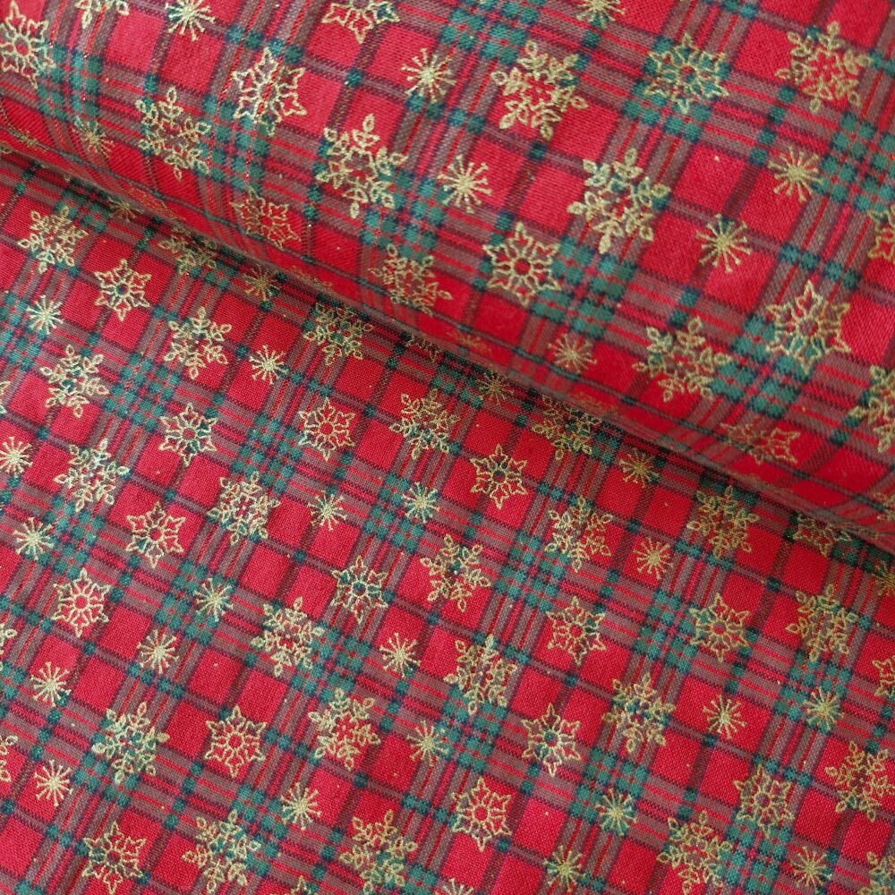 John Louden Christmas Cotton Small Tartan Snowflakes Red Gold Metallic