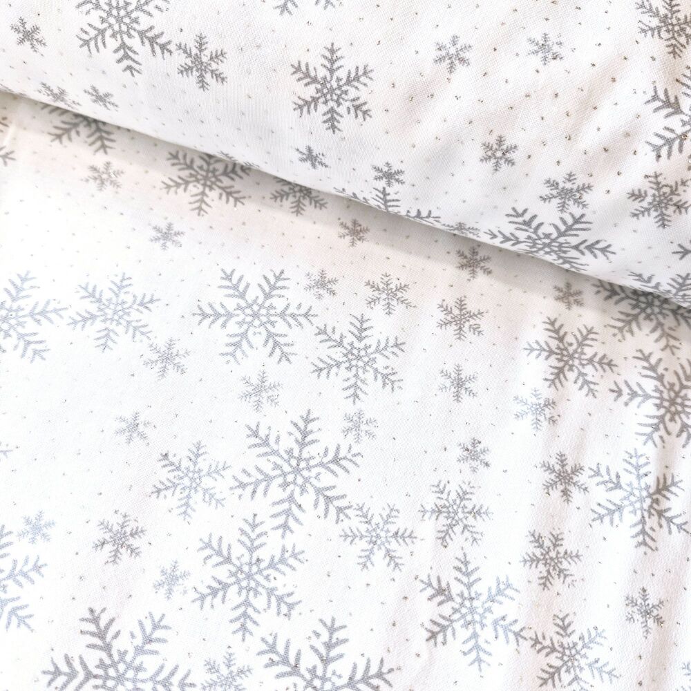 John Louden Christmas Cotton Snowflakes White Silver Metallic