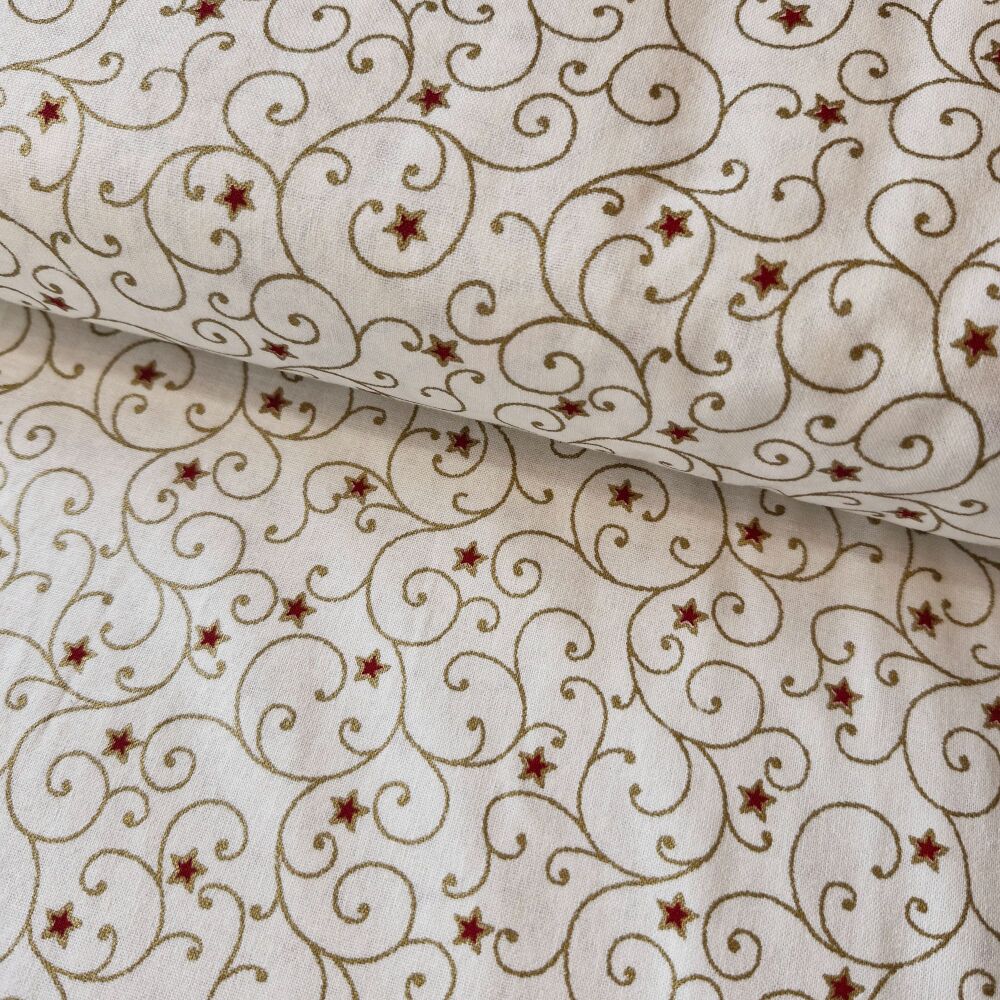 John Louden Christmas Cotton Swirls Stars Ivory Gold Metallic