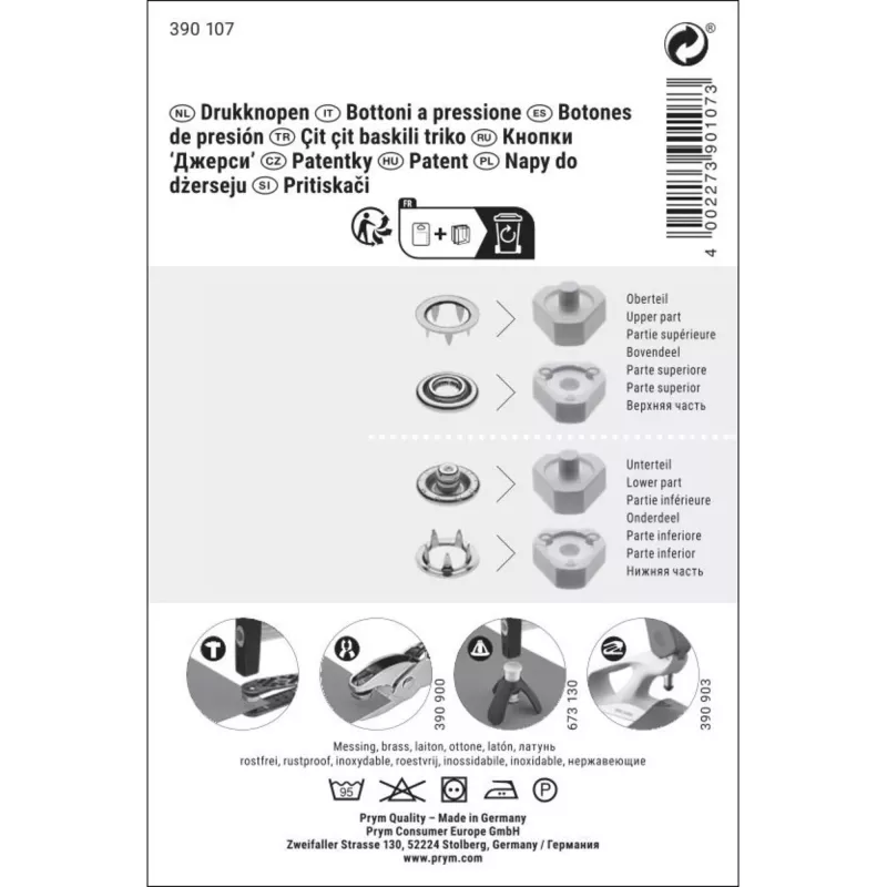 Prym Non-sew press fastener jersey, retaining ring, 10mm, silver-coloured 10 piece