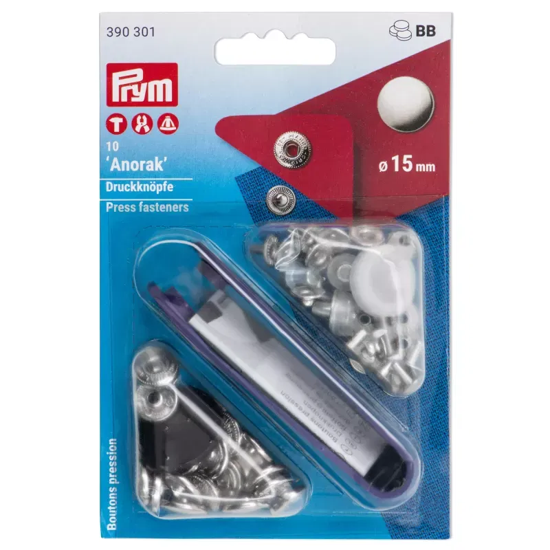Prym Non-sew press fastener anorak, 15mm, silver-coloured 10 piece