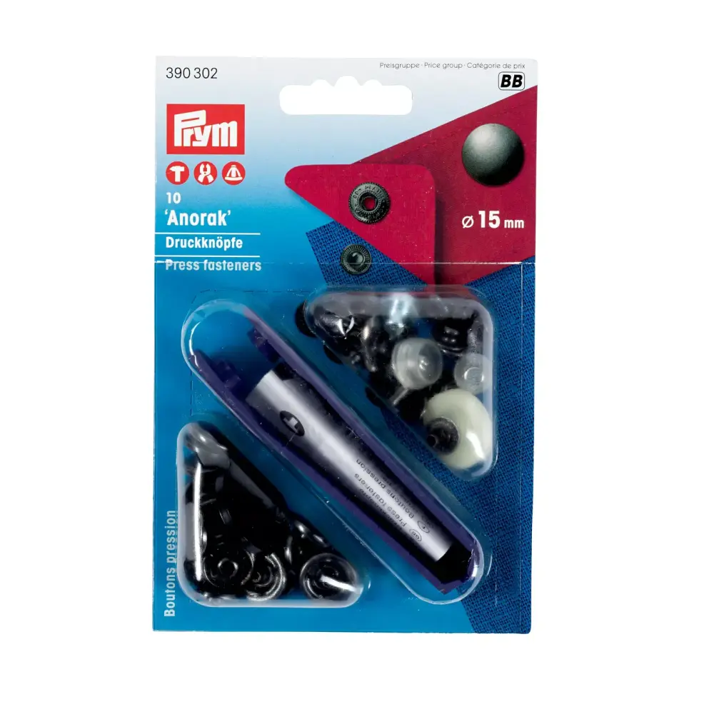 Prym Non-sew press fastener anorak, 15mm, black oxydized 10 piece